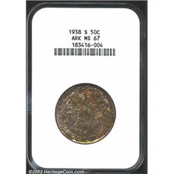 1938-S 50C Arkansas MS67 NGC. The obverse has deeply speckled green-gray, ruby-red, and yellow-green