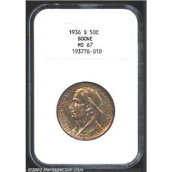 1936-S 50C Boone MS67 NGC. Strong luster shines through iridescent shades of red, gold, brown, purpl