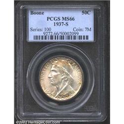 1937-S 50C Boone MS66 PCGS. Light silvery-blue toning covers both sides of this satiny gem, with iri