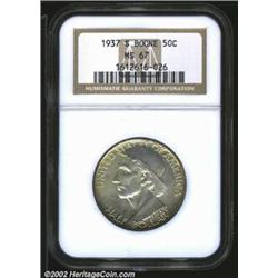 1937-S 50C Boone MS67 NGC. Bright mint luster covers both sides of this immaculate coin, enhanced wi