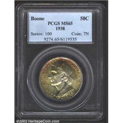 1938 50C Boone MS65 PCGS. The golden-brown and rose-violet patina is especially vivid on the reverse