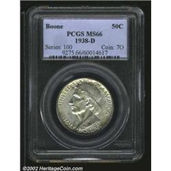 1938-D 50C Boone MS66 PCGS. A mostly white Gem, with flecks of iridescent coloring on the peripherie