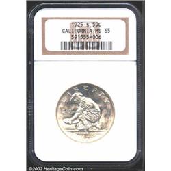 1925-S 50C California MS65 NGC. A highly lustrous and essentially brilliant Gem with a razor sharp s