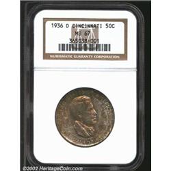 1936-D 50C Cincinnati MS67 NGC. There is a cornucopia of dappled olive, lilac-gray, and crimson-cham