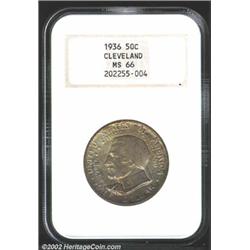 1936 50C Cleveland MS66 NGC. Attractive original golden-brown and lavender patina. A razor-sharp Gem