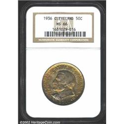 1936 50C Cleveland MS66 NGC. The obverse has rich copper-gold patina, with a hint of lilac color on.