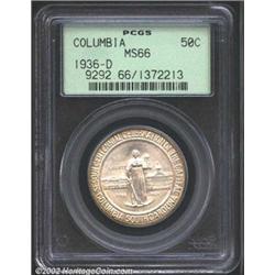 1936-D 50C Columbia MS66 PCGS. The margins have light yellow-green patina, while the centers have fa