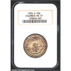 1936-D 50C Columbia MS67 NGC. A pristine, full struck example, with satiny luster under light golden