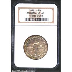 1936-S 50C Columbia MS66 NGC. Iridescent russet and olive toning on the peripheries frames lighter c