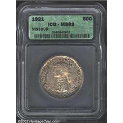 1921 50C Missouri MS63 ICG. The rich lavender patina is accompanied by peripheral splashes of russet