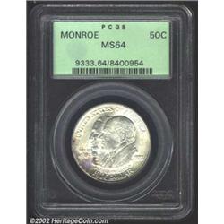 1923-S 50C Monroe MS64 PCGS. Speckles of purple iridescent toning are splashed over portions of both