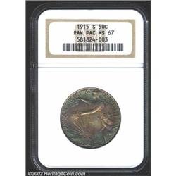 1915-S 50C Panama-Pacific MS67 NGC. The obverse has lovely bands of powder-blue, rose-violet, and aq