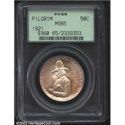 1921 50C Pilgrim MS65 PCGS. Soft iridescent pastels in pink and lavender cover the obverse of this P