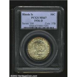 1936-D 50C Rhode Island MS67 PCGS. The periphery has a rich band of copper-gold patina, while the ce