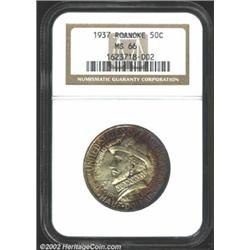 1937 50C Roanoke MS66 NGC. The obverse has splendid tab toning, with the nearly brilliant center sur