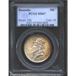 1937 50C Roanoke MS67 PCGS. The arc of iridescent orange and olive toning on the obverse is a mere h