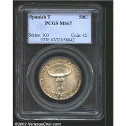 1935 50C Spanish Trail MS67 PCGS. The borders have freckled russet patina, while the centers have in