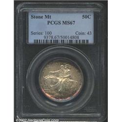 1925 50C Stone Mountain MS67 PCGS. The peripheries have narrow bands of ruby-red and cobalt-blue pat