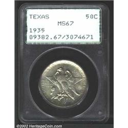 1935 50C Texas MS67 PCGS. Lovely green-gray, lilac, and speckled russet patina. A well struck and es