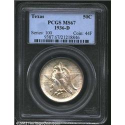 1936-D 50C Texas MS67 PCGS. Very light golden-brown and steel-blue toning floats delicately over sat