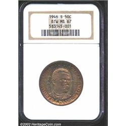 1946-S 50C Booker T. Washington MS67 NGC. Originally toned in deep shades of gold, green, and rose p