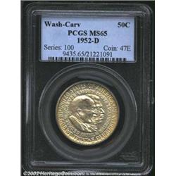 1952-D 50C Washington-Carver MS65 PCGS. The iridescent gold, lime-green, and mauve patina is more dy