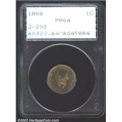 1858 P1C Flying Eagle Cent, Judd-203, Pollock-247, R.5, PR64 PCGS. The obverse has a hook-necked eag