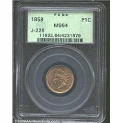 1859 P1C Indian Cent, Judd-228, Pollock-272, R.1, MS64 PCGS. Last offered as lot 7163 in our June Lo