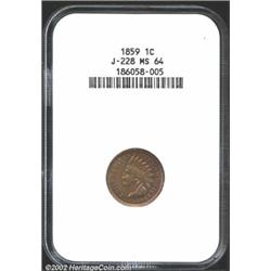 1859 P1C Indian Cent, Judd-228, Pollock-272, R.1, MS64 NGC. A transitional pattern with the obverse.
