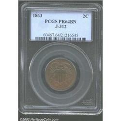 1863 2C Two Cents, Judd-312, Pollock-377, R.4, PR64 Brown PCGS. Similar to the adopted Two Cent Piec