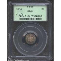 1864 3C Three Cent Silver, Judd-377, Pollock-445, R.8, PR64 PCGS. Regular die trials issue of the Th