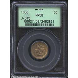 1868 3C Three Cent Nickel, Judd-615, Pollock-680, R.6, PR58 PCGS. Similar in design to the contempor
