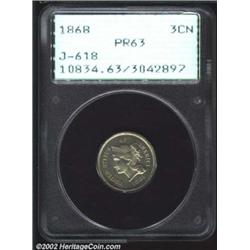 1868 3CN Three Cent Nickel, Judd-618, Pollock-687, R.5, PR63 PCGS. Similar to the regular issue, but