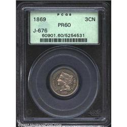 1869 3CN Three Cent Nickel, Judd-676, Pollock-753, R.5, PR60 PCGS. Similar to the contemporary Three