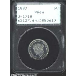 1883 5C Liberty Head Five Cents, Judd-1710, Pollock-1914, R.5-6, PR64 PCGS. The obverse is similar t