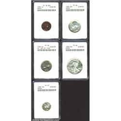 1939 Proof Set, all certified by ANACS. Cent, PR63 Red; Nickel, Quarter, HAlf, PR66; Dime, PR67. Sil