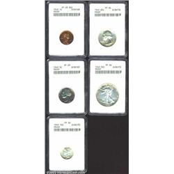 1940 Proof Set, all certified by ANACS. Cent, PR63 Red; Nickel, PR63; Quarter, PR64; Dime, Half, PR6