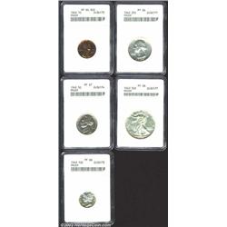 1940 Proof Set, all certified by ANACS. Cent, PR64 Red; Dime, Quarter, Half, PR66; Nickel, PR67. Sil