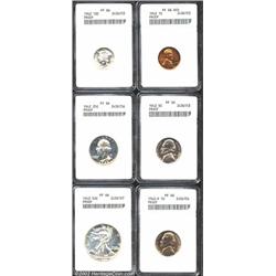 1942 Proof Set, all certified by ANACS. Cent, PR66 Red; Nickels, Dime, Quarter, Half, PR66. Silver c