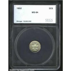 1852 3CS Three Cent Silver MS64 SEGS. Lustrous and mostly untoned with just a hint of light peripher