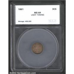 1861 3CS Three Cent Silver MS64 SEGS (MS63 Questionable Toning). Well struck in the centers, while a