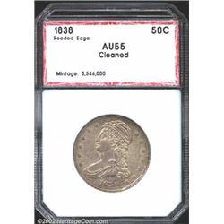 1838 50C Half Dollar AU55 Cleaned PCI (XF40). Dove-gray and mottled yellow-brown colors. A sharply s