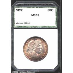 1892 Half Dollar MS63 Hallmark (MS62). Attractive rose-gold peripheral patina. Lustrous and lightly.