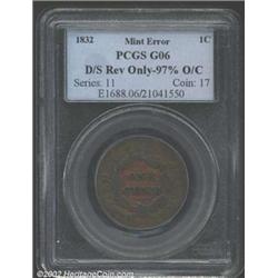 1832 1C Cent--Double Struck Reverse Only, 97% Off Center--Good6 PCGS. On the lower left of the rever