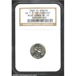 1967 1C Cent--Struck on a Type One Dime Planchet--MS62 NGC. Bright, silvery surfaces with just a hin