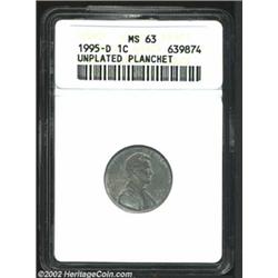 1995-D 1C Cent--Unplated Planchet--MS63 ANACS. Fully struck with medium gray surfaces from the zinc.