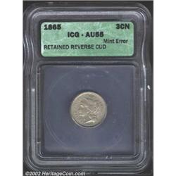 1865 3CN Three Cent Nickel--Retained Reverse Cud--AU55 ICG. Between 2 and 3 o'clock are both a die c