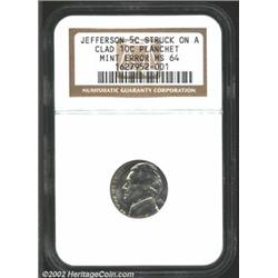 Undated 5CJefferson Nickel--Struck on a Clad Dime Planchet--MS64 NGC. A bit off center, the date and