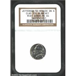 Undated 5CJefferson Nickel--Struck on a Clad Dime Planchet--MS64 NGC. A bit off center, the date and