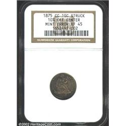 1875-CC 10C Dime Mintmark Above Bow--Struck 10% Off Center--XF45 NGC. Gray-golden and blue toning co